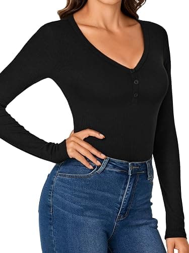 LYANER Women's Henley Shirts Long Sleeve Bodysuit V Neck Button Down Body Suit Leotard Tops thumbnail 4