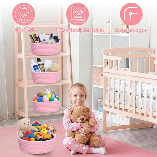 Yinkin 12 Pack Small Storage Basket Cute Natural Cotton Rope Woven Basket Tiny Boho Decorative Toy Storage Bin Gift Baskets for Home Organizing, Closet, Shelf, Nursery, Bathroom(Round,Pink) thumbnail 5