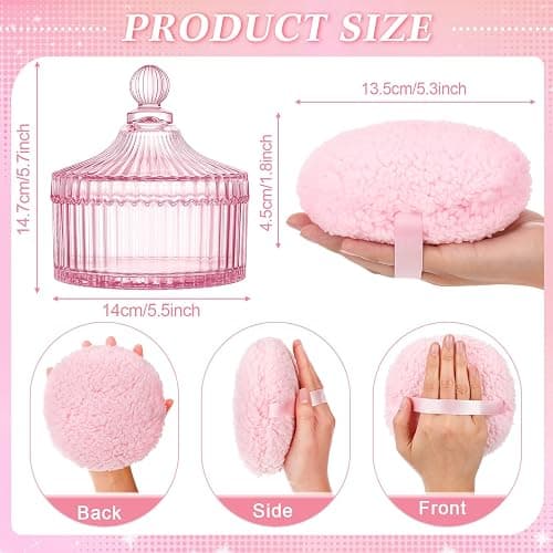 Ferrochef Extra Large Body Powder Puff and Container, 5.5'' Crystal Container with 5.3'' Oversize Dust Powder Puff Washable Reusable Face Body Glitter Wet Dry Makeup Gift(Pink) thumbnail 2