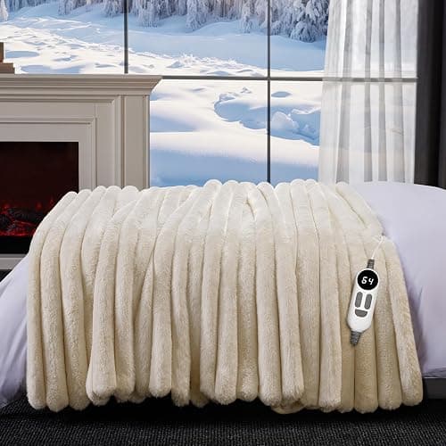 HaloRest Heated Throw Blanket, Faux Fur Cozy Electric Blanket 50''*60'' | Heating Blanket with Overheat Protection, 1/2/3/4 Hours Auto-Off 6 Heat Levels, Machine Washable(Cream White) thumbnail 7
