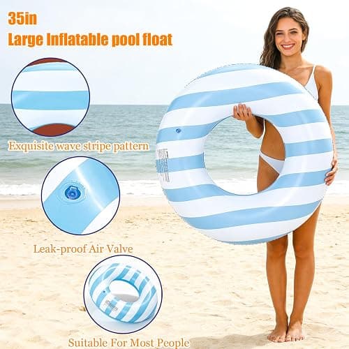 2 Pack Large Inflatable Pool Float for Adults 36 Inch Classic Striped Swim Rings Swimming Pool Tubes for Teens Summer Beach Themed Party thumbnail 3