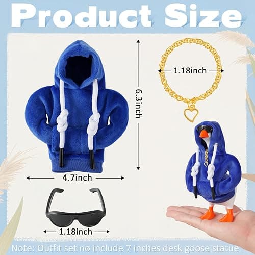 6 Set 7inch Desk Goose Outfits, Mini Desktop Goose Clothes Desk Goose Accessories Set for Magnetic Goose Statue ( Dark Blue Hoodie+ Sunglasses+ Necklace ) thumbnail 3
