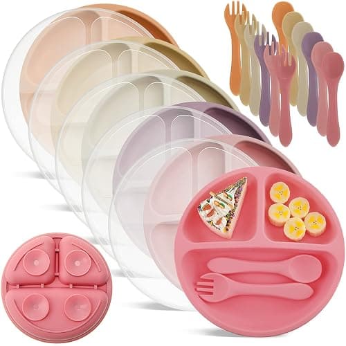 Meanplan 6 Pack Suction Plates for Toddlers with Lids Silicone Baby Plates set Food Grade Silicone Divided Design Microwave and Dishwasher Safe Assorted Colors(Cute Colors) - Image 1