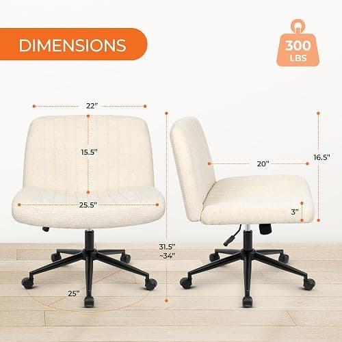 Orange Factory Criss Cross Chair Wheels Wide Cross Legged Office Desk Vanity Dual Base Comfy Fabric Armless Adjustable Swivel for Home Computer Task (Beige) thumbnail 2