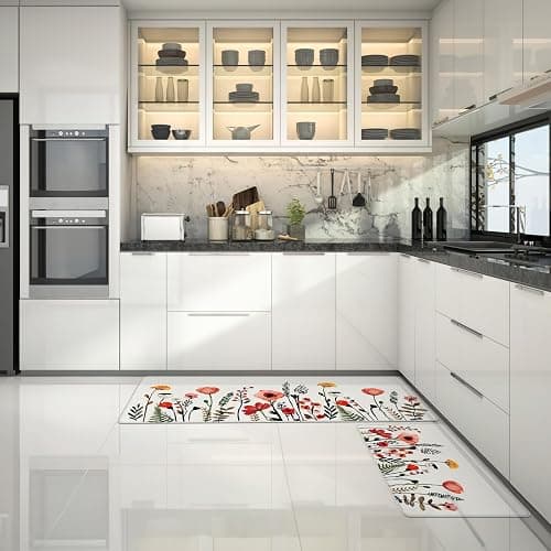 Serwrsw Kitchen Mats for Floor 2 Piece White, Colorful Flower Fern Kitchen Floor Mats for in Front of Sink, Floral Kitchen Rugs Non Slip Washable thumbnail 7