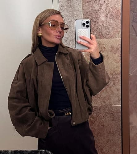 Bnigung Womens Faux Suede Bomber Jacket Casual Lapel Pilot Cropped Coat Oversized Motorcycle Jackets 2025 Outerwear thumbnail 7