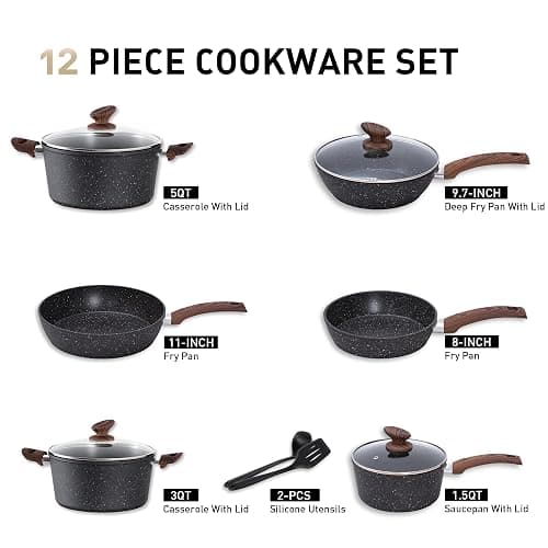 MAISON ARTS Pots and Pans Set Non Stick, 12 Piece Black Granite Kitchen Cookware Induction Compatible, Pot and Pan Sets for Cooking Nonstick thumbnail 3