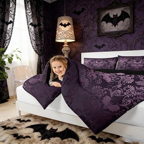 Erosebridal Gothic Damask Bed in a Bag Queen Comforter Set 7 Piece,Halloween Bat Bedding Sets Purple Victorian Floral Goth Sheet Set with Comforter thumbnail 7