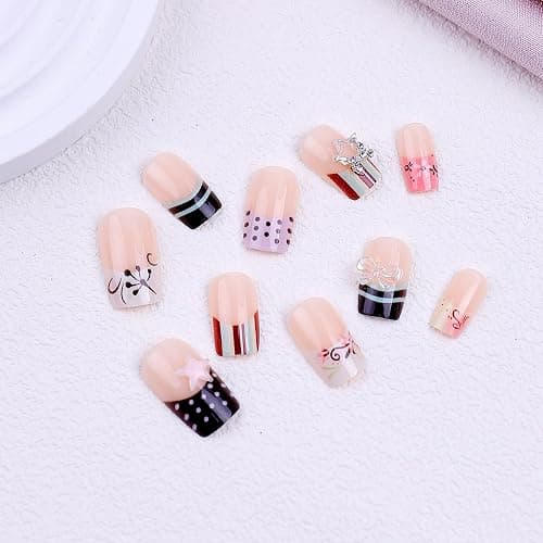 OCTOSWAVE Square Short Press on Nails with 3D Bows, Stars, Stripes & Polka Dots - 24Pcs Acrylic Fake Nails - Trendy Nail Art for Parties, Outdoors & Office thumbnail 2