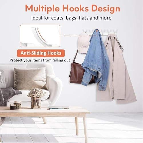 Optish Coat Rack Wall Mount, Coat Hook Wall Mount, Wall Hooks for Hanging, Hat Rack for Walls, Coats Hanger with 12 Hook, Towel Hooks for Bathrooms (2 Pack, White) thumbnail 5