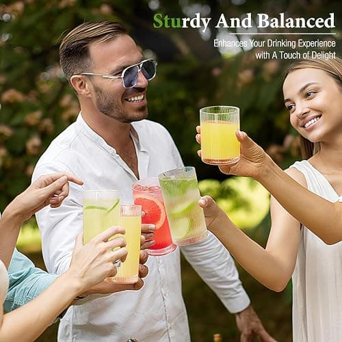 LUNA & MANTHA Drinking Water Glasses Set, Lead-Free Crystal Highball Glass, Tall Glass Cups for Cocktail Parties,ribbed set of 8,17oz&12oz thumbnail 2
