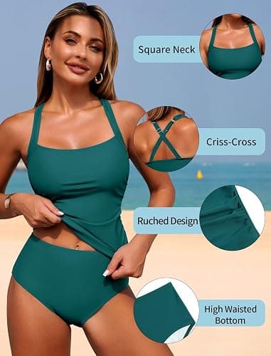 ZAFUL Women's Tankini Swimsuits Tummy Control Swimwear Two Piece Bathing Suits Swim Top with High Waisted Bottom thumbnail 4
