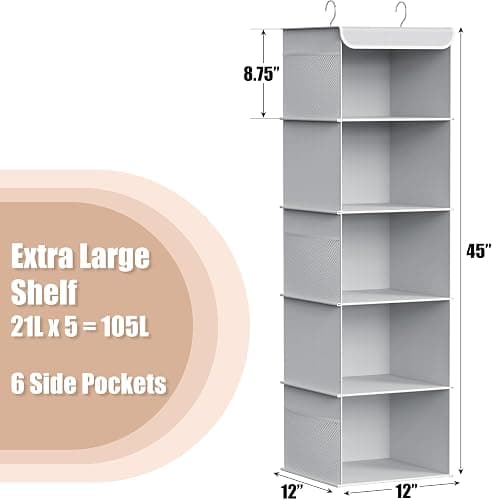 SimpleHouseware 5 Shelves Hanging Closet Organizer, Grey thumbnail 3