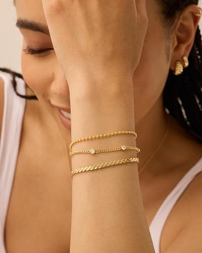 PAVOI 18K Gold Plated Chain Bracelet Pack for Women | Jewelry Set of 5 Stackable Bracelets Paperclip Snake Rope Figaro Beaded Chains thumbnail 3