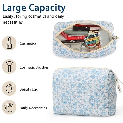 Sightor Cotton Makeup Bag, Kawaii Floral Cosmetic Bag Large Travel Toiletry Bag, Quilted Cosmetic Pouch for Women (Cerulean Blue) thumbnail 3