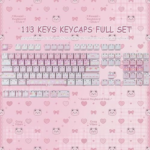TYRIXKI PBT Keycaps - Pink Meow Meow Keycap, 113 Keys Side Print Shine Through Cute Keycap, Mao Profile Custom Cat Keycaps for 60 65 75 100 Percent Cherry MX Mechanical Keyboard thumbnail 6