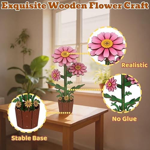 Evankin 3D Wooden Puzzle for Adults - Daisy Flower Bouquet Building Kit, DIY Wood Craft Kits, Home Decor Flower Model, Creative Gift for Women Mom Birthday Valentine's Day Christmas thumbnail 5