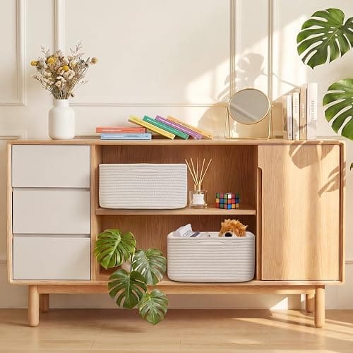 Storage Baskets for Shelves, 2 Pack Shallow Basket - 10.5" x 10.5" x 5.5", Rope Baskets for Organizing Toys, Snacks, Cube Storage Bins for Closet, Bedroom, Nursery, White thumbnail 2