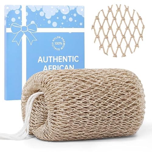 MuiiuM African Net Sponge Authentic with Knots, Colourfast Exfoliating Body and Back Scrubber, Extra Long Quick-Dry Bath Shower Net Loofah for Rich Lather and Dead Skin Removal (Flaxen) - Image 1