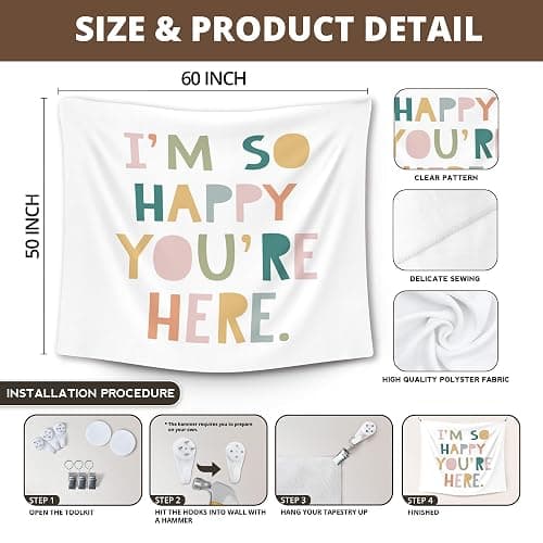 XLDLIOO Boho Classroom Tapestry, Boho Classroom Decor, Inspirational Wall Tapestry Hanging for Bedroom, I'm So Happy You're Here, Educational Welcome Tapestries Wall Decor Art for Kids Dorm Living Room Party 60x50in - 60x50in - happy thumbnail 7