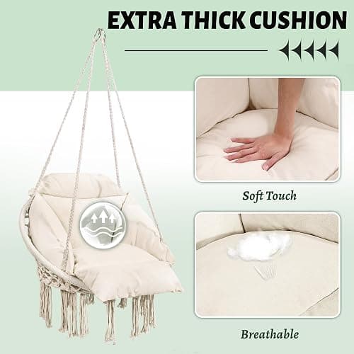 KROFEM Macrame Hammock Hanging Swinging Chair with Oversized Cushion, Perfect for Bedroom, Porch, Kids, Adults, Balcony, Beige thumbnail 3