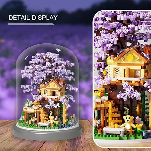 Cherry Blossom Bonsai Tree House DIY Building Flowers Set for Adults,2680PCS Challenging Mini Brick House Model Kit with LED Lights, Purple & Yellow Sakura Flowers, Includes Dust Cover for Display thumbnail 3