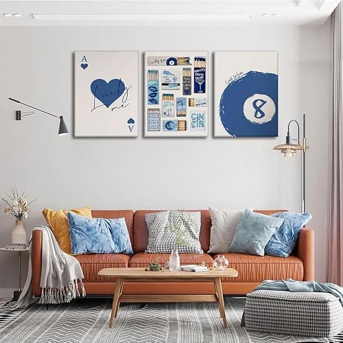 3 Pcs Framed Blue Vintage Matchbox wall art lucky Trendy Red Hearts Playing Wall decor picturesCard Pool Ball Paintings Aesthetic canvas posters prints for girl dormitory apartment Home Decoration - Canvas - 12x16in thumbnail 5