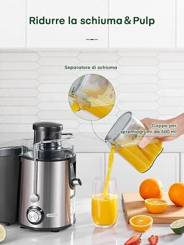 Juilist Centrifuga Frutta e Verdura 600W, Estrattore Frutta e Verdura Facile da Pulire, 65 MM Bocca Larga, Acciaio Inox, 2 Velocità, Spazzola & Ricetta thumbnail 6