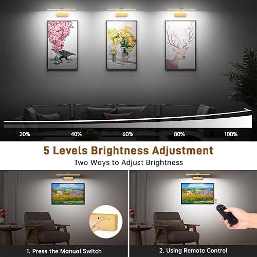 Picture Light, 15.35inch Wireless Picture Lights for Wall Rechargeable, 5400mAh Battery Wall Light with Remote, 3 Color Art Lighting for Paintings with Timer and Dimmable for Display, Gallery (Gold) thumbnail 3