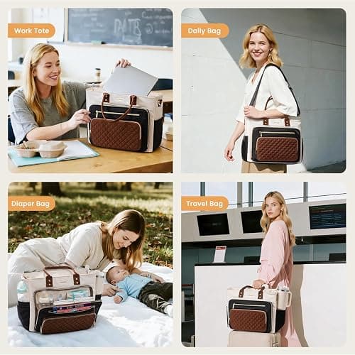 LOVEVOOK Insulated Lunch Bag, Large Capacity Tote with Lunch Compartment, Laptop Bag with Cup Holder, Work Bags for Women, Nurse Lunch Tote for Office, Picnic, 15.6 Inch Black-Beige-Brown thumbnail 2