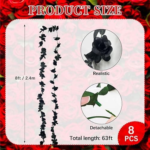 8Pcs 63Ft Black Rose Garland, Fake Rose Hanging Flowers, Artificial Flower Vine, Hanging Floral Vine Garland for Wedding, Birthday Party, Wall Arch, Halloween, Christmas Garden Backdrop Decor thumbnail 3