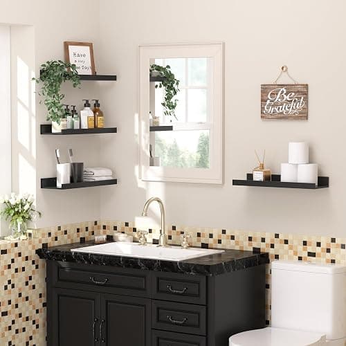 upsimples Floating Shelves for Wall, Wall Shelves for Decor Storage Set of 6, Wall Mounted Wood Shelf for Bedroom, Living Room, Bathroom, Kitchen, Picture Ledge Shelf, Black thumbnail 2