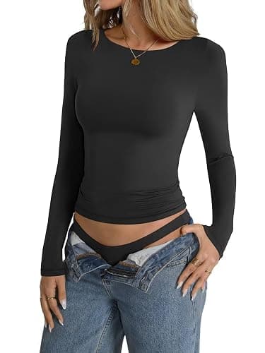 EasyGala Womens Double Lined Long Sleeve Shirts Boat Neck Going Out Tops Trendy Slim Fitted Tees Basic Fall Outfits 2025 thumbnail 2