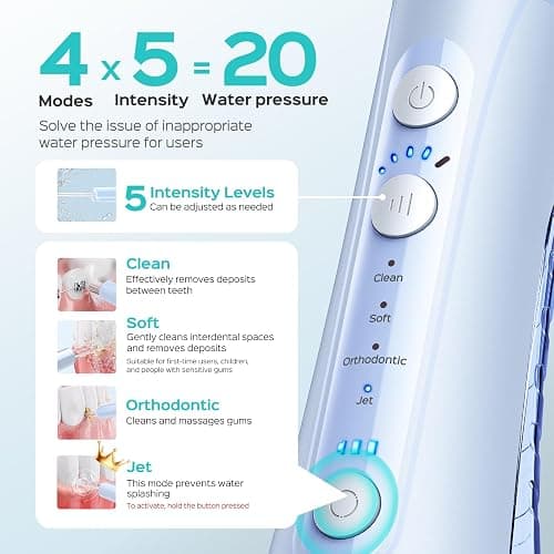 COSLUS Portable Water Flosser for Teeth: 4 Modes & 5 Intensity Levels Professional Electric Dental Pick for Sensitive Gums, Braces & Orthodontic - Cordless for Travel Use, for Adults, BPA-Free, Blue thumbnail 3