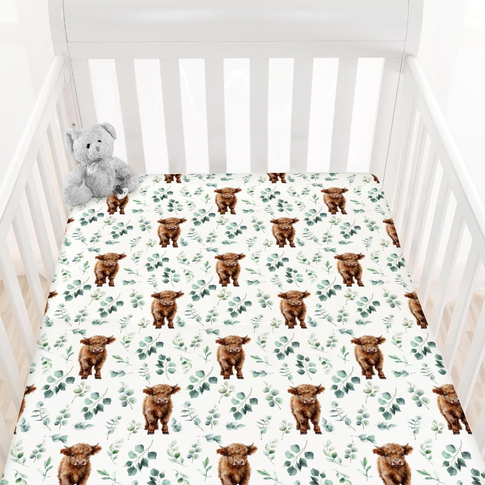 HawSkgFub Highland Cow Eucalyptus Leaf Fitted Standard Crib Sheet for Baby Boy Girl, Neutral Western Farm Animal Yak Toddler Mattress Cover, Soft Stretchy Nursery Bed Sheets Decor Kids Gift 52" x 28" - Image 1