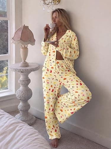 Tankaneo Womens Button Down Pajama Sets Long Sleeve 2 Piece Lounge Sets | Pjs, Polka Dot, Fruit Print, Wide Leg, Loose Fit, Lapel Collar, Night Suit, Cute Sleepwear thumbnail 7