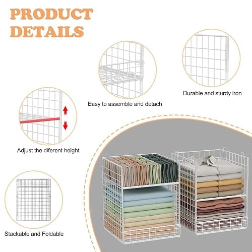 Yociyoga Closet Organizers and Storage - Stackable, Space Saving, Foldable Iron Mesh Bins with Adjustable Plate for Home Closet Organizer System thumbnail 5