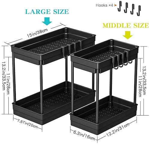 PurKeep 2 Pack Under Sink Storage - 2 Tier Kitchen Storage and Organisation Cupboard Organiser, Under Sink Shelf, Under Cabinet Organizer with Hooks, for Bathroom Kitchen Countertop, 2 Size 1L+1M thumbnail 2