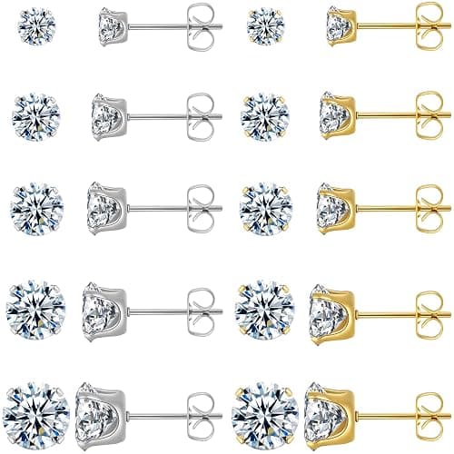 10 Pairs Surgical Steel Stud Earrings Set,14K Gold Plated Hypoallergenic Earrings Studs Set for Women, Stainless Steel Cubic Zirconia Waterproof Non Tarnish - Image 1