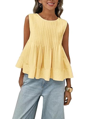 Megfie Womens Summer Pleated Peplum Sleeveless Blouse Tank Tops Round Neck Y2K Babydoll Blouse Shirt - Image 1
