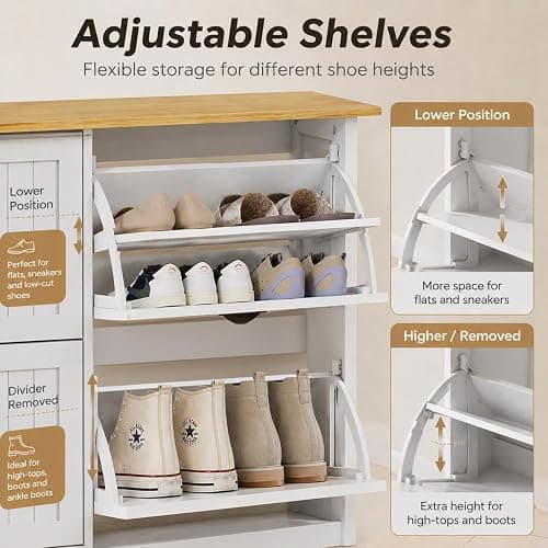 Shoe Storage Cabinet for Entryway, 16-24 Pairs Farmhouse Slim Shoe Cabinet with 4 Flip Drawers, Adjustable Shelves & Anti-Tipping Freestanding White Shoe Organizer for Small Space Hallway Apartment thumbnail 5
