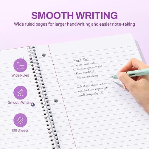 SUNEE Spiral Notebook, 1-Subject, Wide Ruled Paper, 8" x 10-1/2", 100 Sheets per Notebook, 3-Hole Punched Paper, Water Resistant Cover, Double-sided Pockets, Dark Purple thumbnail 5