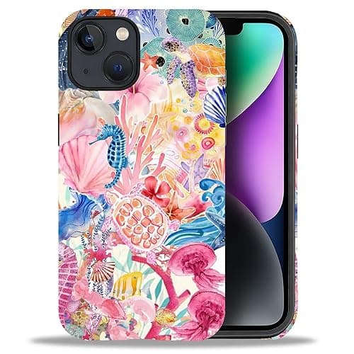 DAIZAG Phone Case Compatible with iPhone 13/14,Pink Sea Creature Turtle Mixed 2 Layer Soft Silicone+Hard PC Ddouble Protection Ultra-Thin Phone Case for iPhone 13/14 - Image 1