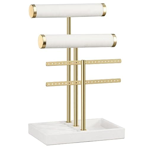 Josmimic Schmuck Organizer mit 3 Ebenen - Weiß Schmuckständer Armbänder, Abnehmbarer T-Steg Schmuck Ständer, Samt-Armbandhalter, Schmuckhalter für Armband, Halskette, Uhren, Ringe thumbnail 7