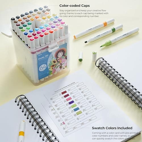Ohuhu Marker Pens Water-Based, 64 Colours Dual Tip Art Markers Brush Pens for Adults Colouring Pens for Anime Manga Design, Calligraphy, Drawing, and Illustration, Odourless and Washable - 64 thumbnail 6