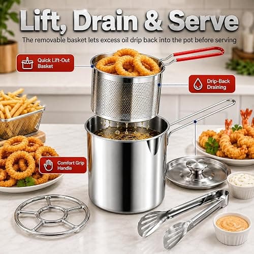 Mini Deep Fryer Pot with Basket, 1.2L Stainless Steel Fryer Set (5Pcs) | Lift-Out Strainer, Pour Spout, Lid, Tongs & Stove Rack for Fries, Chicken, Shrimp & More thumbnail 4