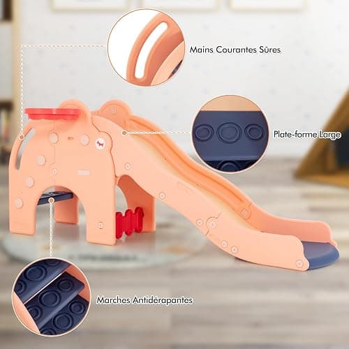 COSTWAY 4 en 1 Toboggan Enfant en Forme Éléphant avec Panier de Basketball, Toboggan Extérieur Intérieur en HDPE avec Ballon, Aire de Jeux pour Glisser & Grimper, Charge 50kg pour 18 Mois+(Rose) thumbnail 8
