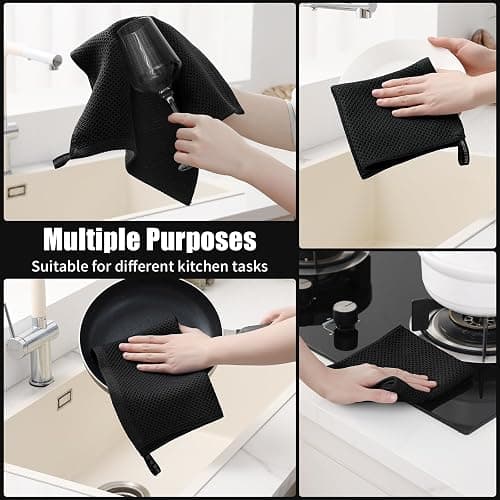 Kitinjoy 100% Cotton Kitchen Towels and Dishcloths Set, 8 Pack-13" x 28" and 12" x 12" Waffle Weave Dish Towels, Ultra Soft Absorbent Quick Drying Dish Rags, Black thumbnail 6