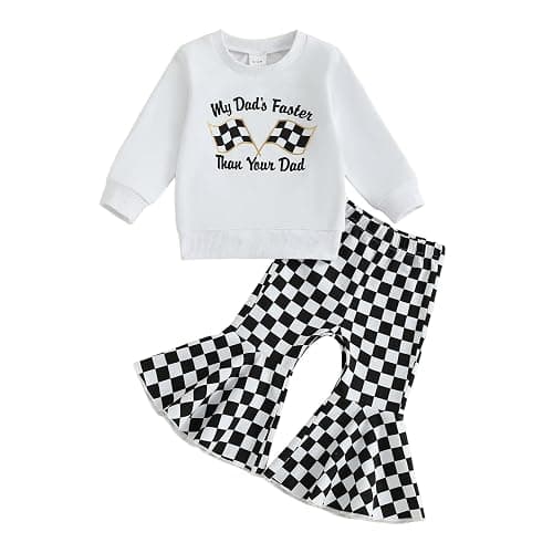 DSOKUHIB Toddler Baby Girl Race Car Outfit Letters Long Sleeve Sweatshirt Checkered Bell Bottom Pants Set Fall Winter Clothes - Image 1
