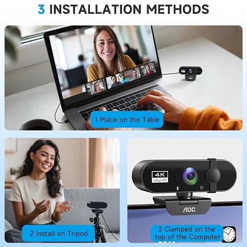 AOC 4k Webcam for PC with Microphone, Computer Camera with Noise Cancellation, Privacy Cover, 99° FOV, Plug & Play USB Webcam for Streaming, Conferencing, Zoom, Skype, Facetime, Laptop, PC, Skype thumbnail 8